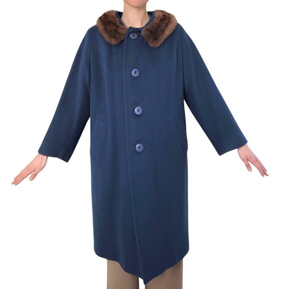 60s rare vintage Abbmoor Blue Wool Button Up Winter Coat with Mink Collar - Picture 1 of 14